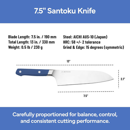 Misen 7.5" Santoku Knife - High Carbon Stainless Steel - Classic Japanese Chef Knife Design for Cutting, Slicing, and Chopping - Razor Sharp Japanese Style Kitchen Knife - White