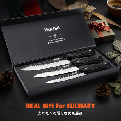 Huusk Japanese Chef Knife Set - Hand Forged Kitchen Knives for Meat Cutting - ATS-34 Carbon Steel Knives Set with Wooden Handle - Viking Cooking Knife Sets for BBQ Christmas Gift for Men and Women