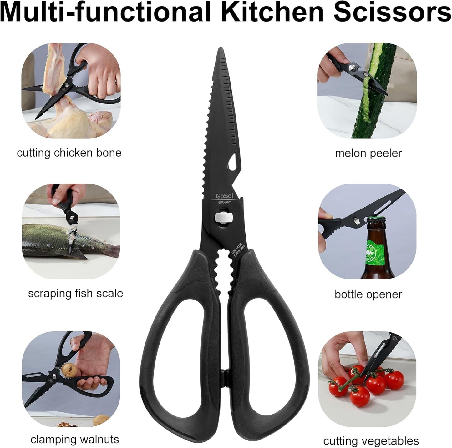 Kitchen Scissors Come Apart Kitchen Shears for Food Heavy Duty Shears for Chicken Bone Nutcracker Bottle Can Opener Premium Stainless Steel Scissors 01B