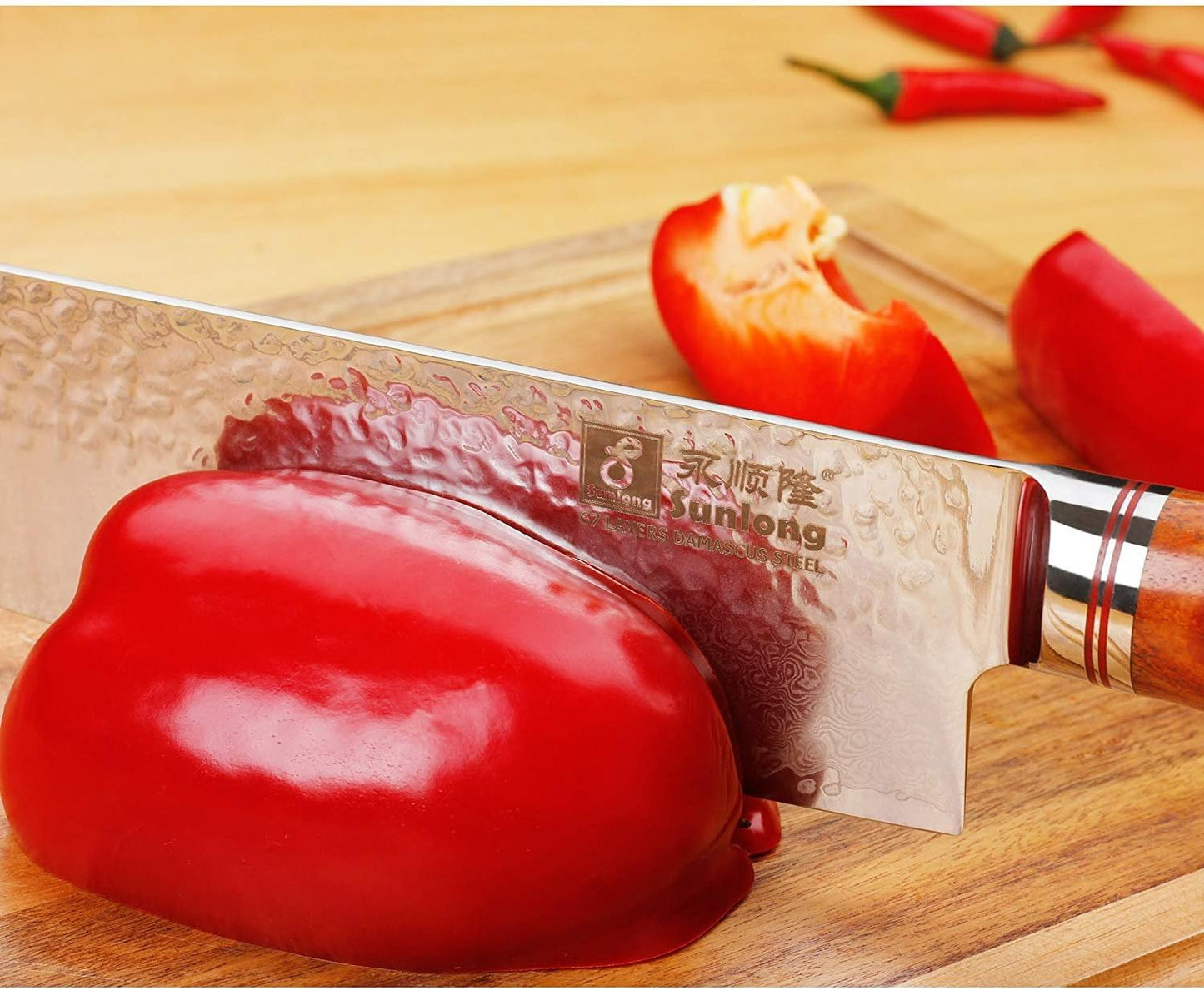 SUNLONG Nakiri Knife Usuba Knife 6.5 Inch Japanese Hammered Damascus Steel 67 Layer Bloodwood Handle