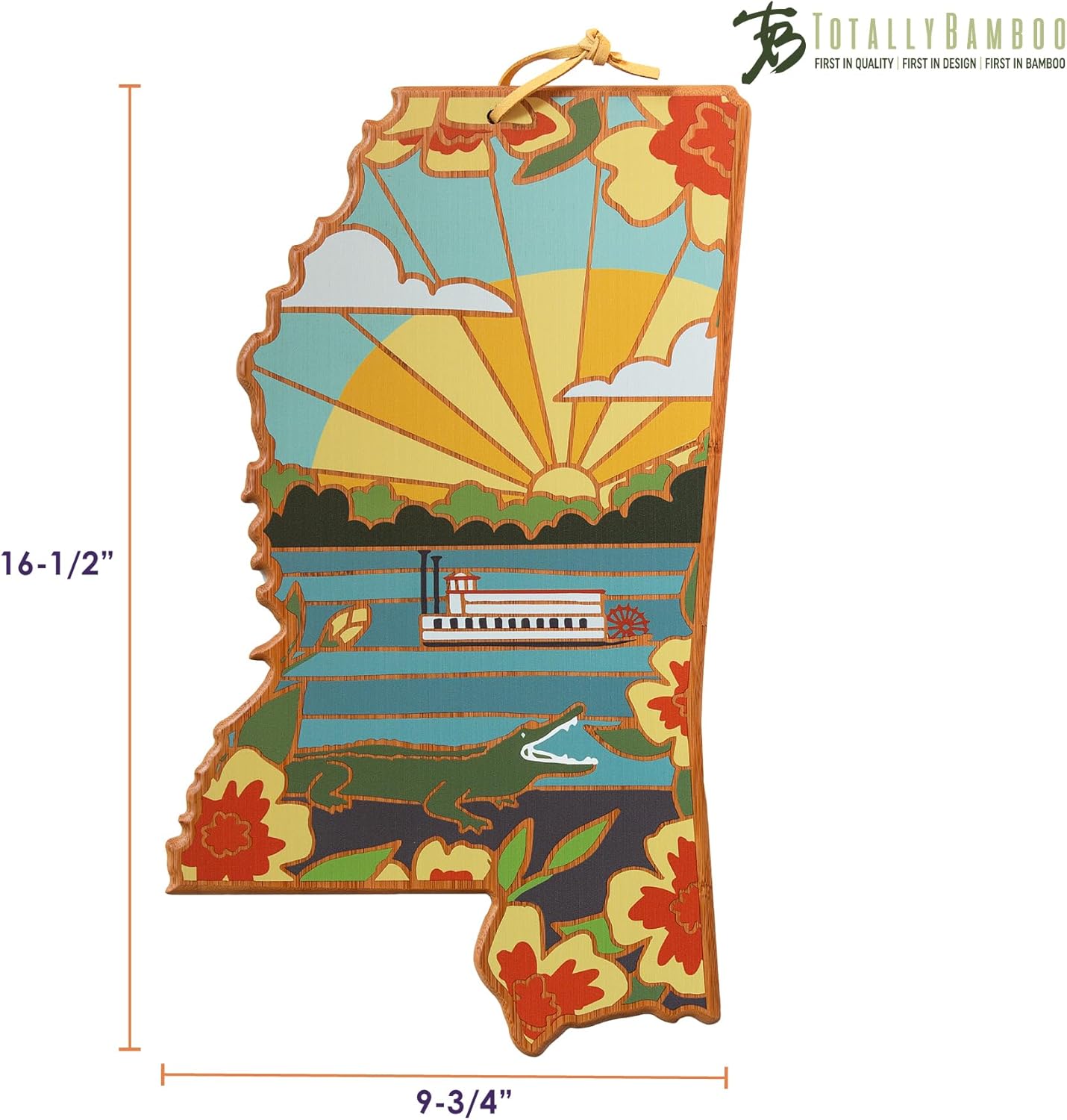 Totally Bamboo North Carolina State Shaped Cutting Board and Charcuterie Serving Platter with Artwork by Summer Stokes, Includes Hang Tie for Wall Display 18" x 8" x 5/8" - Colors A