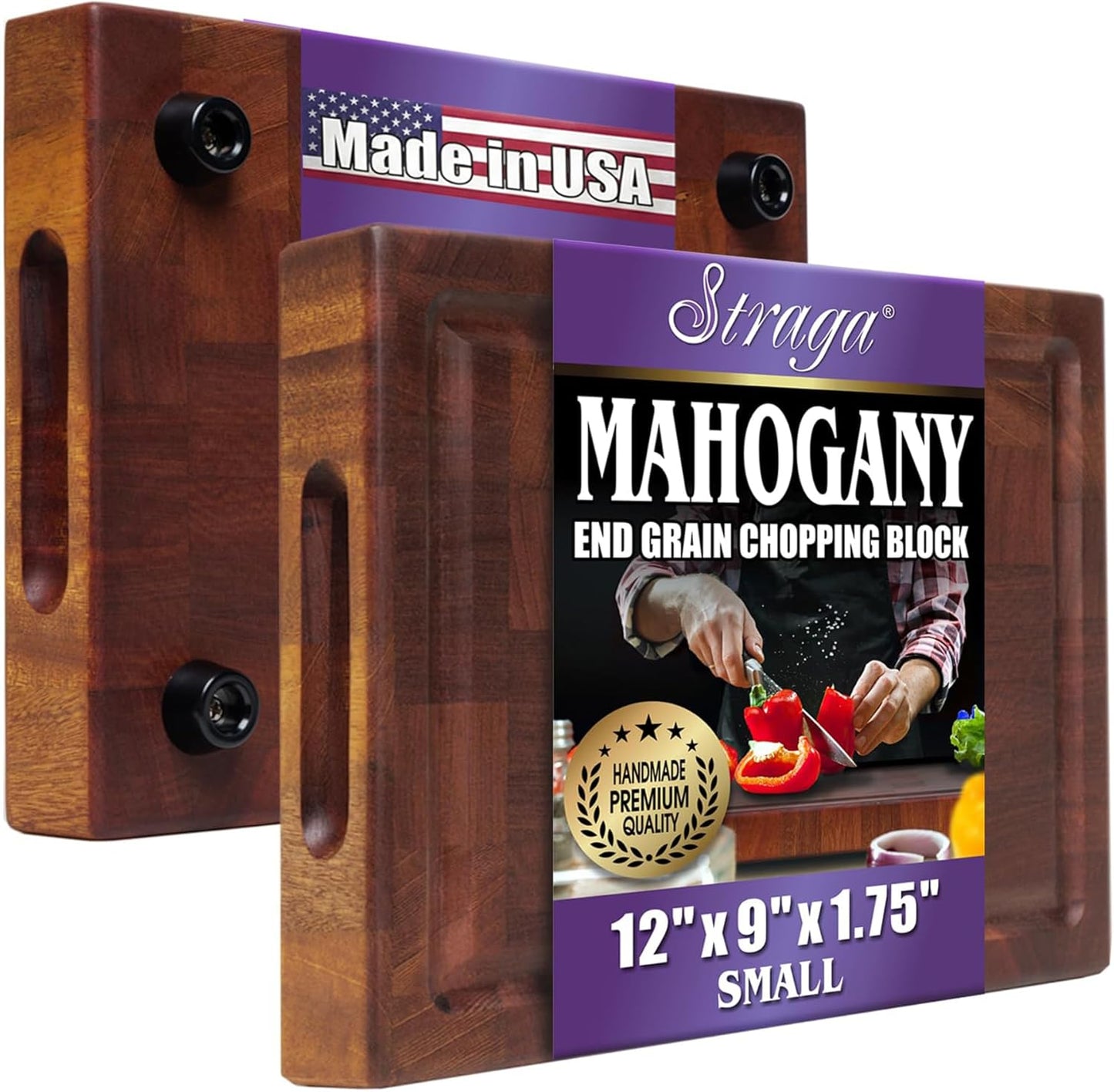Straga Handmade Reversible End Grain Mahogany Heavy-Duty Chopping Block with Non-Slip Feet, Deep Juice Groove, Built-in Handles - Ideal for Cutting Meat, Cheese, Vegetables (12" x 9", Mahogany)