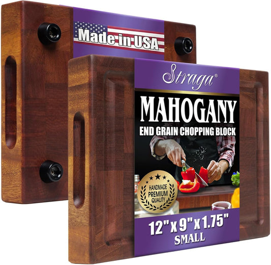 Straga Handmade Reversible End Grain Mahogany Heavy-Duty Chopping Block with Non-Slip Feet, Deep Juice Groove, Built-in Handles - Ideal for Cutting Meat, Cheese, Vegetables (12" x 9", Mahogany)