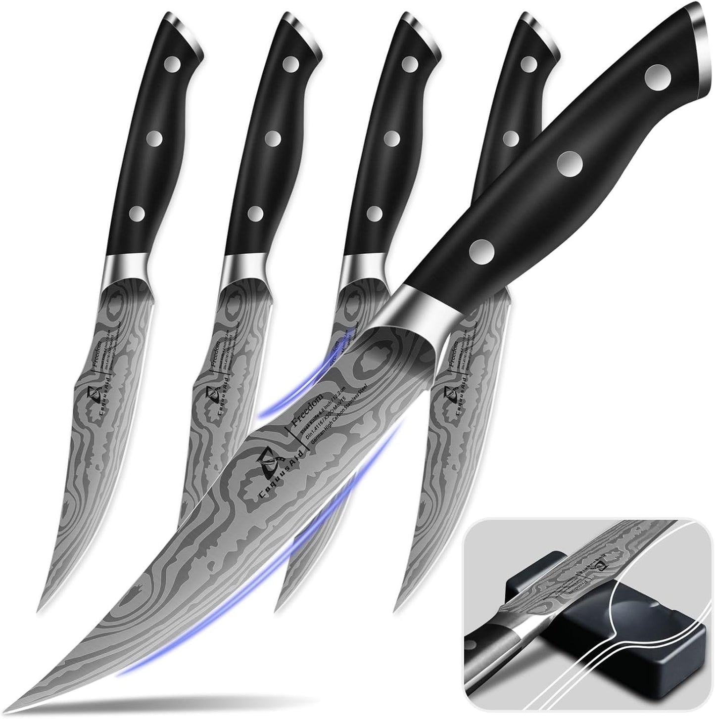 CoquusAid Steak Knives Set of 8, 4.8 Inch Straight Edge Ultra Sharp Durable Meat knives with Rest, High Carbon Stainless Steel Damascus Pattern Triple Rivet Handle, Ideal for Home Restaurant Party