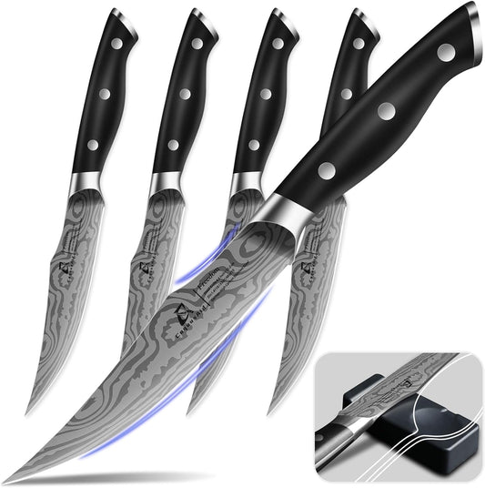 CoquusAid Steak Knives Set of 8, 4.8 Inch Straight Edge Ultra Sharp Durable Meat knives with Rest, High Carbon Stainless Steel Damascus Pattern Triple Rivet Handle, Ideal for Home Restaurant Party
