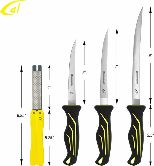 danco 4PC Fishing Fillet Knife Kit, 6", 7", 9" with Roll Bag, Fish Fillet and Deboning Knives, Freshwater and Saltwater Fishing, Non-Slip Handle, Durable Roll Bag, Stainless Steel Blades