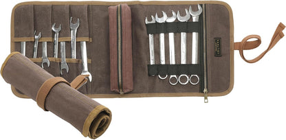 16OZ Waxed Canvas Tool Roll Bag, Heavy Duty Tool Storage Roll Bag with 7 Tool Slots & 1 Detachable Pouch, Khaki Tool Organizer for Wrenches and Tools (23.5"L x 9.5"W)