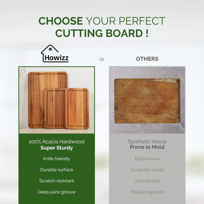 Howizz Acacia Wood Large Cutting Board, Thick End Grain Solid Wood Butcher Block For Kitchen, Non Toxic Pre-Oiled Carving Tray w/Juice Grooves and Easy Grip Handle, 20"x15"x1" (Gift-Ready Box)