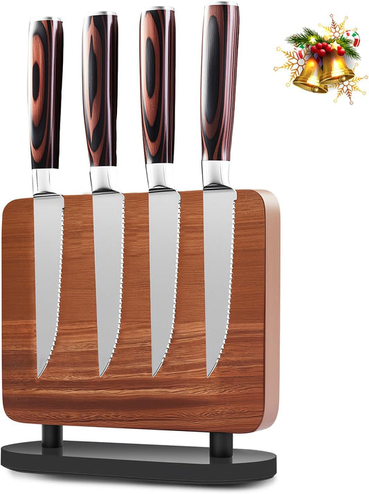 Steak Knives Set of 4, 4.5 Inch Serrated Razor-Sharp Durable Steak Knife, Japanese Stainless Steel Steak Knives Set with Ergonomic Wood Handle and Gift Box
