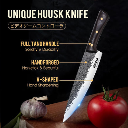 Huusk Hand Forged Chef Knife Set, High Carbon Steel Butcher Knife Set, Japanese Kitchen Knives for Home, Outdoor BBQ Camping Cooking, Gift Idea for Men