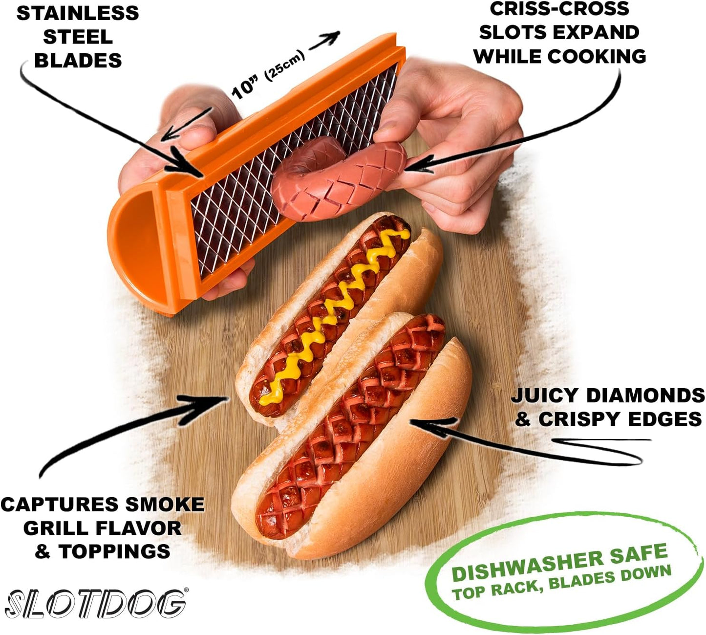 SLOTDOG - Hot Dog Slicing Tool - Stainless Steel Cutter Blades for Kitchen, Grilling, Tailgating, Camping and Backyard Outdoor BBQ - 10 inch - Red