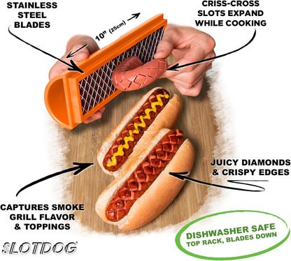 SLOTDOG - Hot Dog Slicing Tool - Stainless Steel Cutter Blades for Kitchen, Grilling, Tailgating, Camping and Backyard Outdoor BBQ - 10 inch - Red