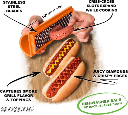 SLOTDOG - Hot Dog Slicing Tool - Stainless Steel Cutter Blades for Kitchen, Grilling, Tailgating, Camping and Backyard Outdoor BBQ - 10 inch - Red