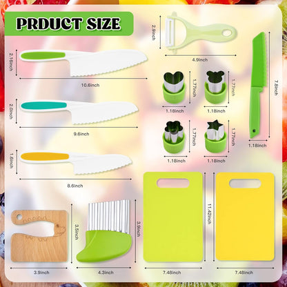 Hilsoeet 26PCS Kids Knives for Real Cooking, Wooden Kids Kitchen Knife Set Include 4 Serrated Edges Plastic Toddler Knives, Cutting Board, Y Peeler, Egg Beater, Toddler Food Picks and Cream Scraper
