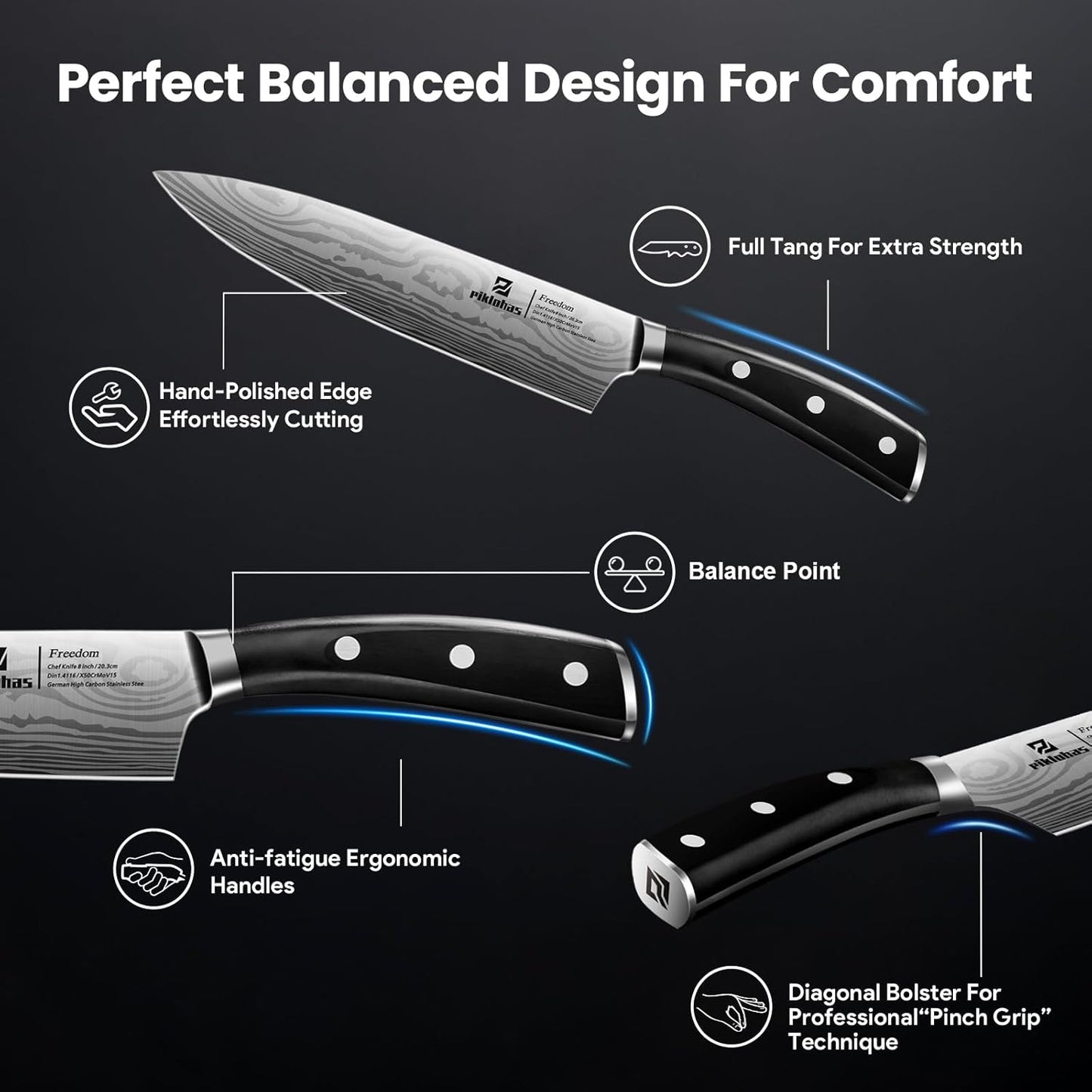 Piklohas Knife Sets for Kitchen with Block, 17 Pieces with Magnetic Knife Holder, German High Carbon Stainless Steel Damascus Pattern Chef Knife Set, Ideal for Gift