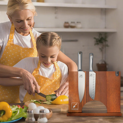 Magnetic Knife Block, Magnetic Knife Holder with Double Sided Magnetic Design, 12×10 Inches Knife Stand with Knife Sharpener, Acacia Wood Knife Storage for Kitchen Counter