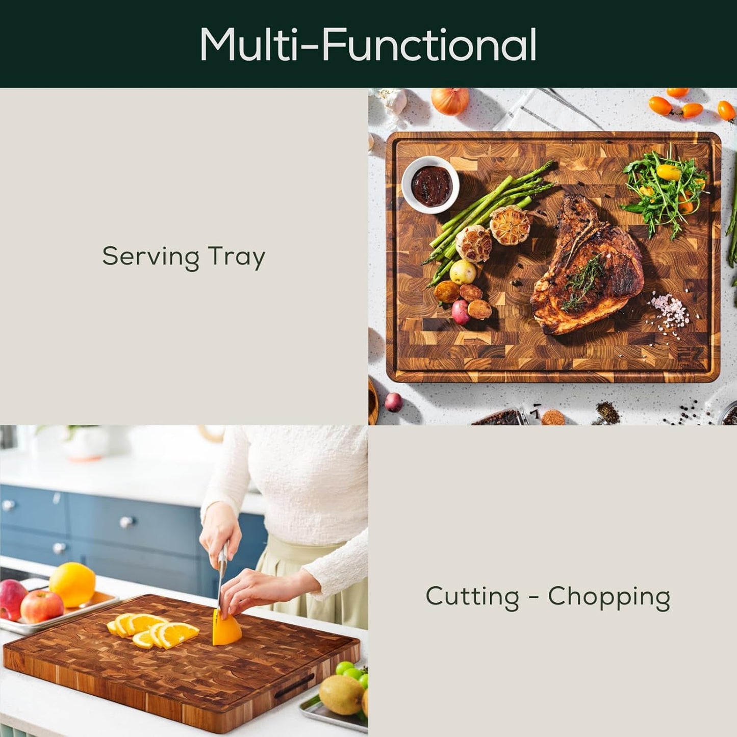 EZ FURNITURE Extra Large (XL) Teak End Grain Cutting Board, Reversible, Knife-Friendly Charcuterie Butcher Block with Juice Groove & Handles, Non-Toxic, Gift Box Included (24" x 18" x 1.5")