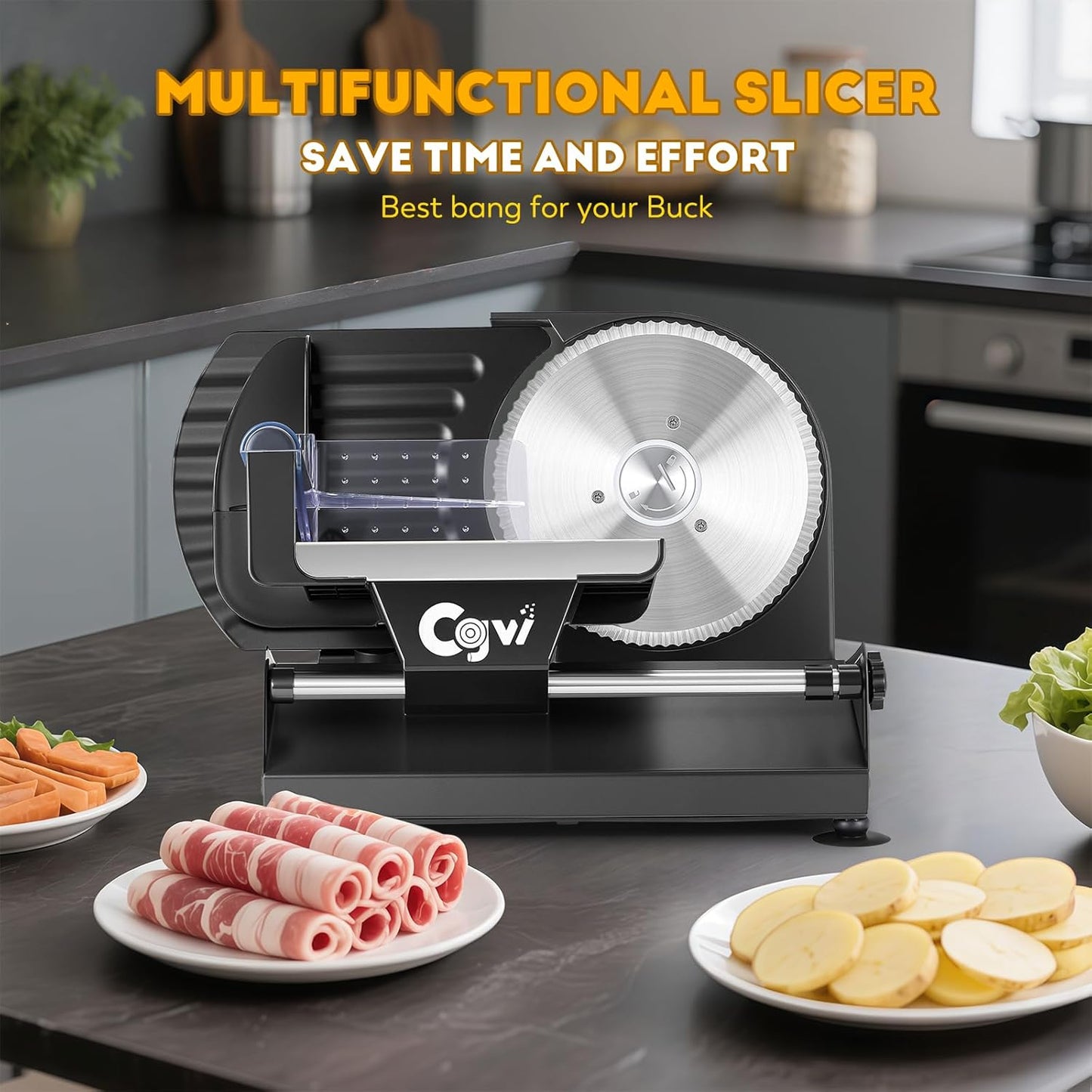 CGOLDENWALL Meat Slicer, 220W Electric Deil Food Slicer with 2 Removable 7.5" Blades, 4/5" Adjustable Thickness, Food Slicer Machine for Home Cutting Meat Cheese Bread Vegetables, 110V CE