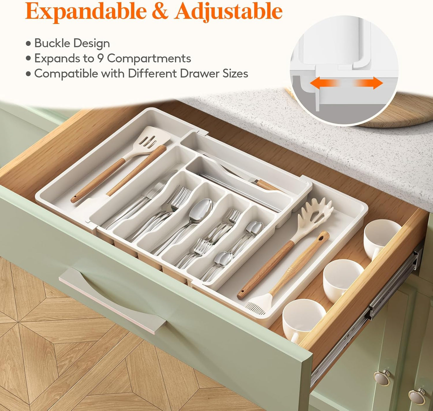 Lifewit Utensil Organizer for Kitchen Drawer, Expandable Cooking Silverware Tray, Adjustable Cutlery Flatware Holder, Plastic Spatula Tools Storage Divider, 14.4 x 15.8", Black