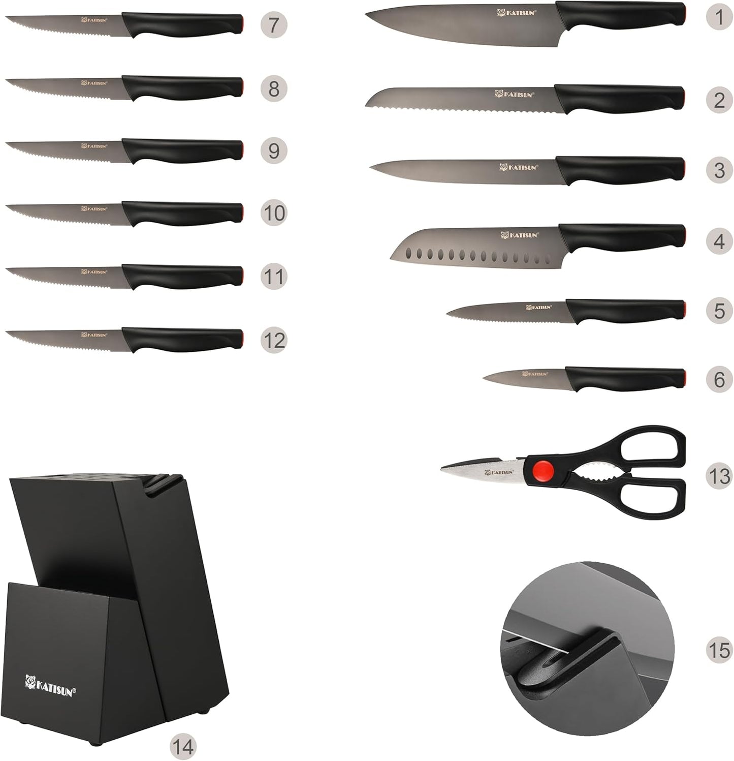 Kitchen Knife Set,14-Piece Knife Set With Block Wooden, Self Sharpening For Chef Knife Set, High Carbon German Stainless Steel Hammered Collection Knife Block Set, Dishwasher Safe Cutlery, Cream