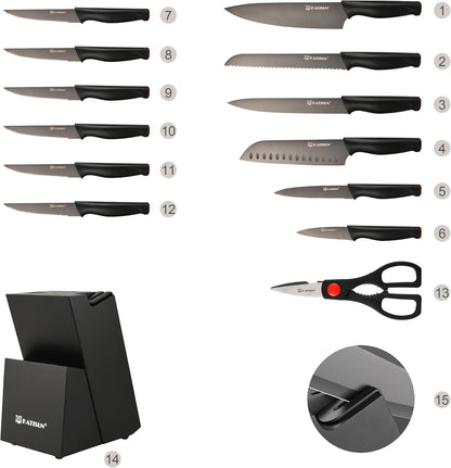 Kitchen Knife Set,14-Piece Knife Set With Block Wooden, Self Sharpening For Chef Knife Set, High Carbon German Stainless Steel Hammered Collection Knife Block Set, Dishwasher Safe Cutlery, Cream