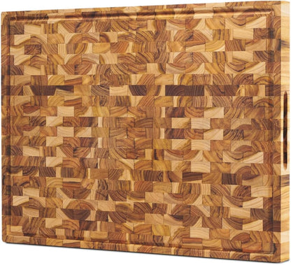 Teak Cutting Board - End Grain Butcher Block, 20 x 14 x 1.5 Inch Large Wood Board with Juice Groove & Side Handles, Extra Thick Carving Board for Meat Prep, BBQ & Charcuterie