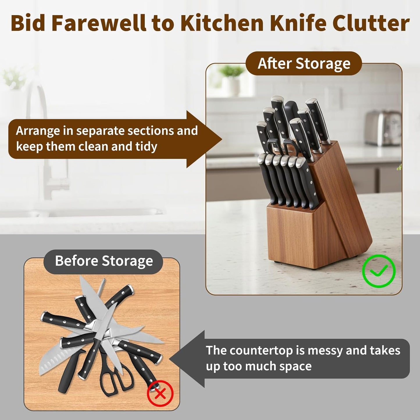 14-Slot Knife Block Compatible with Cuisinart,Rubberwood Block Knife Storage Organizer for Kitchen,Anti-Slip And Drainage Base