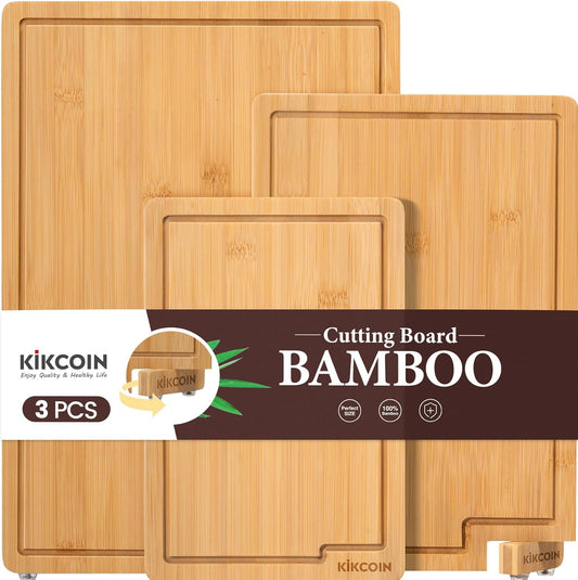 Kikcoin Bamboo Cutting Boards for Kitchen, Extra Large Wood Cutting Board with Rotating Kickstand & Juice Groove, Wooden Chopping Board for Meats Veges Fruits, Heavy Duty Serving Tray, 17 x 11.3 inch