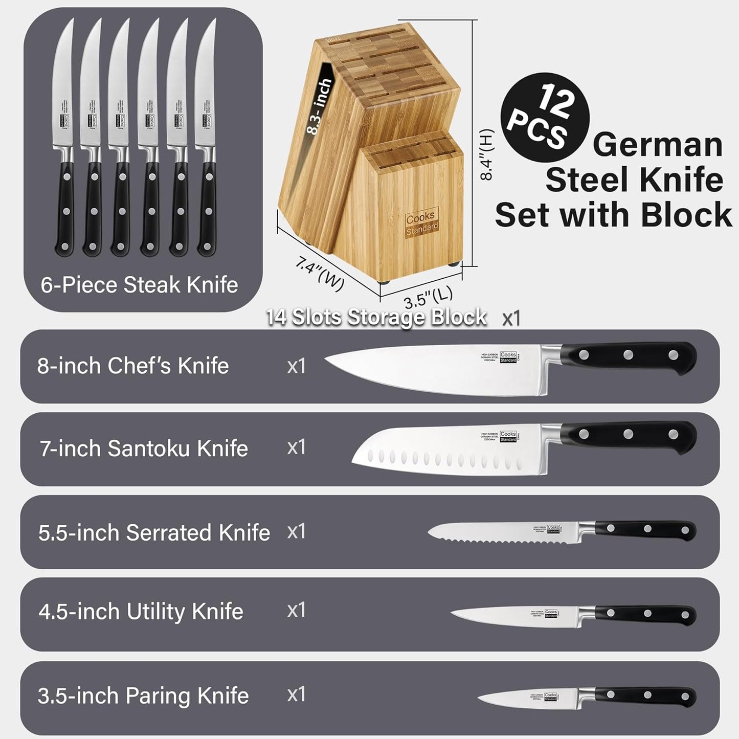 Cooks Standard Kitchen Knife Set with Block 6-Piece, Stainless Steel Forge High Carbon German Blade with Expandable Bamboo Storage Block for Extra Slots, Silver