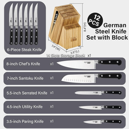 Cooks Standard Kitchen Knife Set with Block 6-Piece, Stainless Steel Forge High Carbon German Blade with Expandable Bamboo Storage Block for Extra Slots, Silver