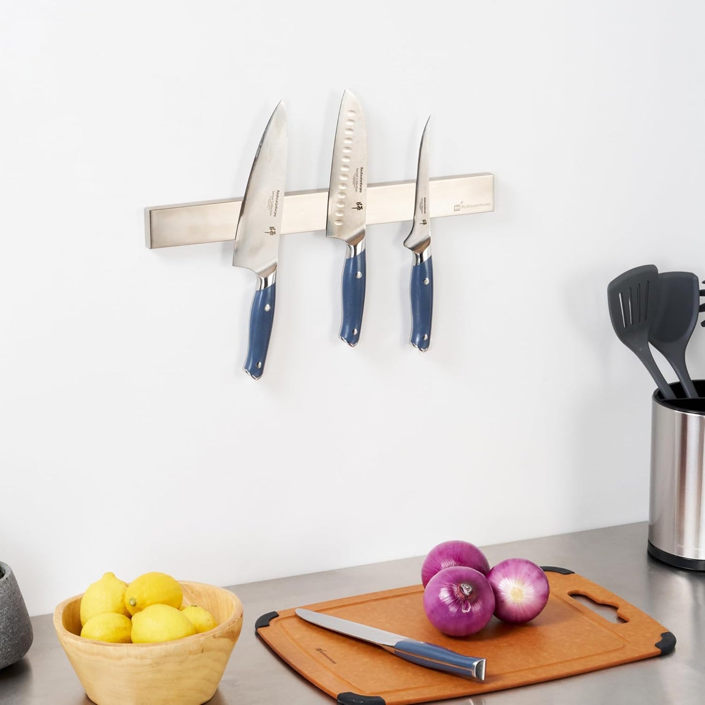 Restaurantware Eco Tek 17.7 Inch Magnetic Knife Holder For Wall 1 Powerful Knife Magnetic Strip - Space-Saving Organizer Securely Hang Kitchen Utensils or Tools Natural Wood Knife Hanger