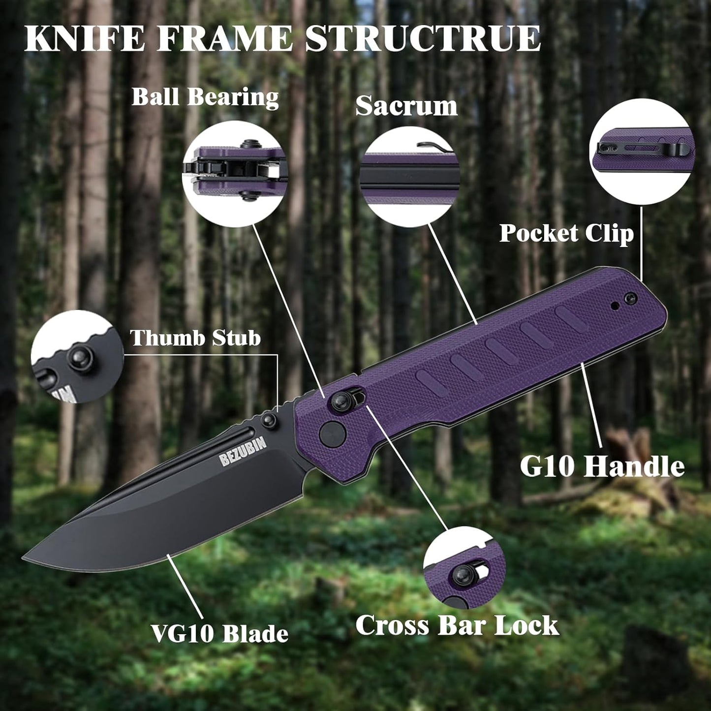 Folding Pocket Knife 3.25" VG10 Blade EDC Folding Knife with Safety Axis Lock Black G10 Handle Hunting Camping Knife with Thumb Stud Opener
