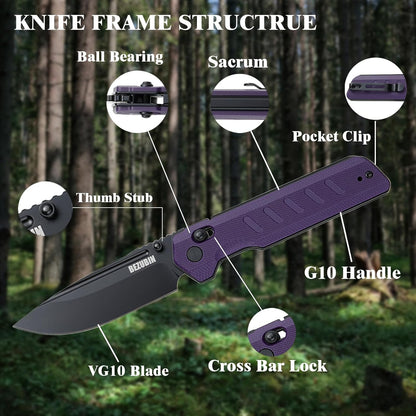 Folding Pocket Knife 3.25" VG10 Blade EDC Folding Knife with Safety Axis Lock Black G10 Handle Hunting Camping Knife with Thumb Stud Opener