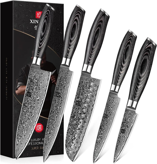 XINZUO Kitchen Knife Block Set,7-Piece Damascus Cooking Knife Set with Kitchen Shears for Professional Chefs and Home Cooking,Pakkawood Handle, Gift Box