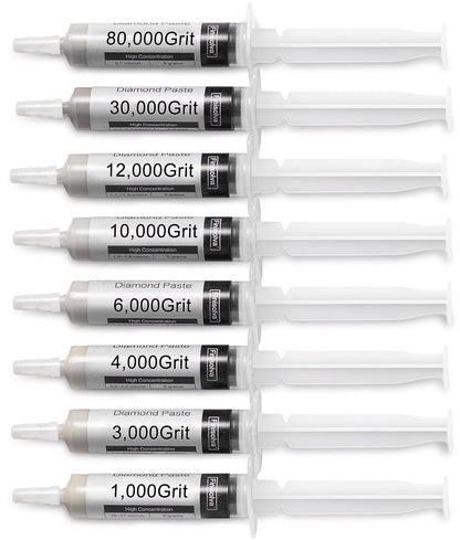 8 Pack Diamond Polishing Compound Genuine 50% Concentration Diamond Paste Kit 80,000 to 1,000 Grit Lapping Stropping Compound for Glass Watch Metal Knife Ring Jewelry Rock Resin Scratch Remover Repair