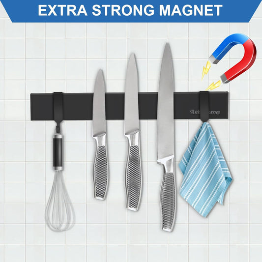 Magnetic Knife Holder for Wall 17 Inch, No Drilling black knife magnetic strip with 3 Hooks, Strong Magnet Knife Holder strip, Magnetic Knife Rack Bar for Kitchen Knives and Tools