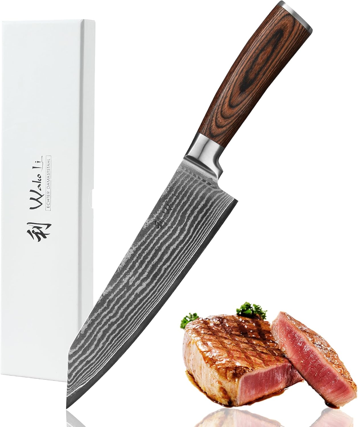 Wakoli EDIB Damascus Meat Knife – 7-Inch Japanese-Style Kitchen Knife for Meat, BBQ, and Roasts, 67-Layer Damascus Steel Blade with VG10 Core, Ergonomic Pakkawood Handle – Carving Knife in Gift Box