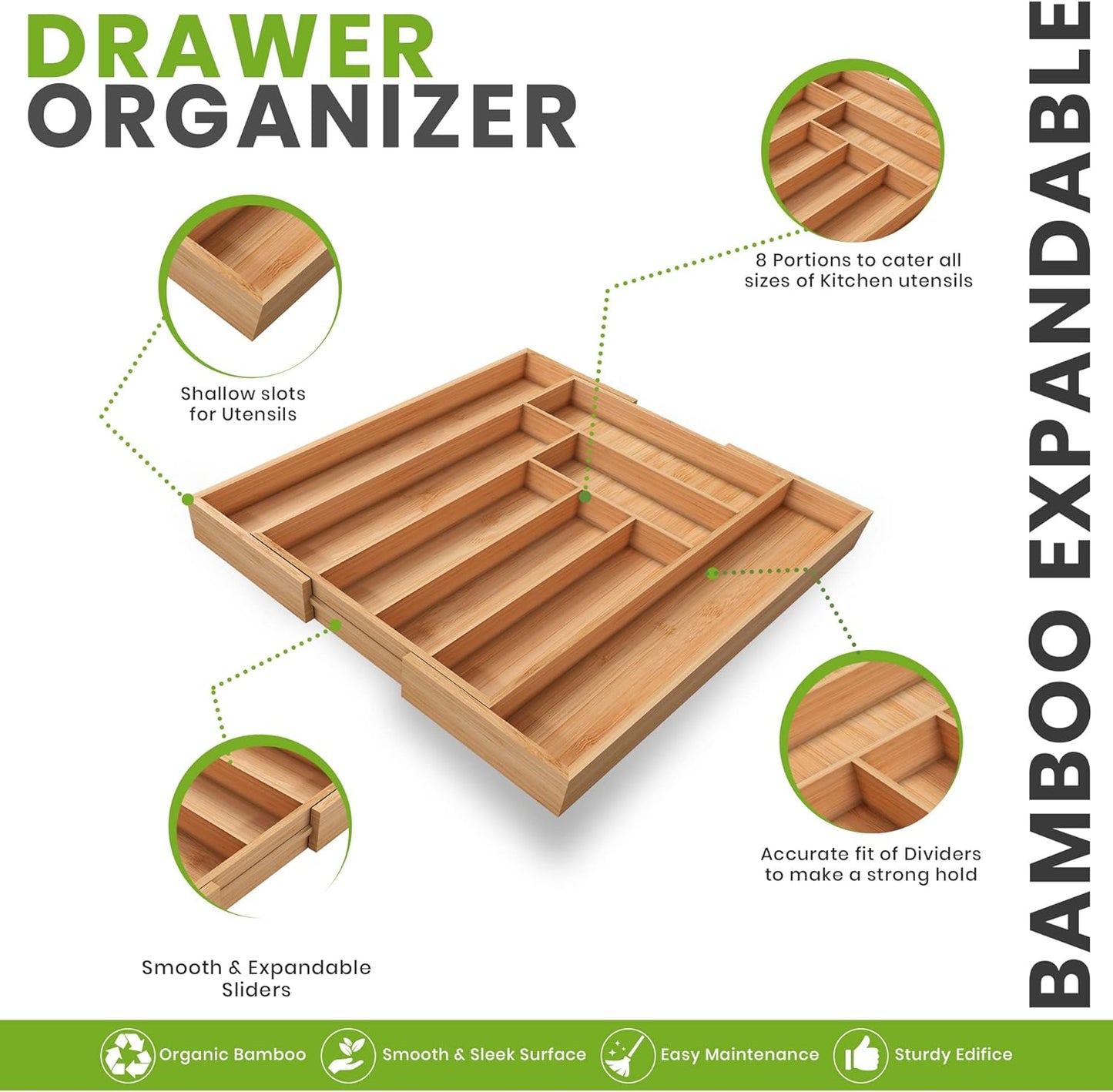 Utopia Kitchen Expandable Bamboo Utensil Drawer Organizer, Silverware Organizer for Cutlery, Utensils, Flatware Holder (6-8 Slots, Mint) Pack of 1
