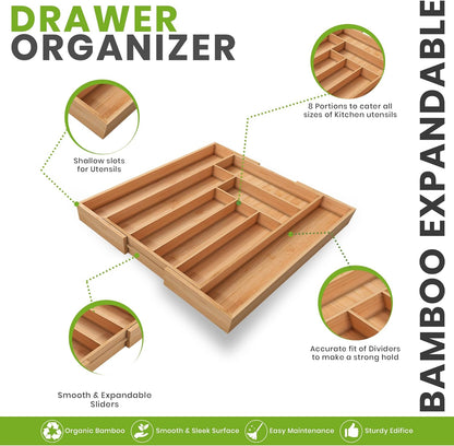 Utopia Kitchen Expandable Bamboo Utensil Drawer Organizer, Silverware Organizer for Cutlery, Utensils, Flatware Holder (6-8 Slots, Mint) Pack of 1