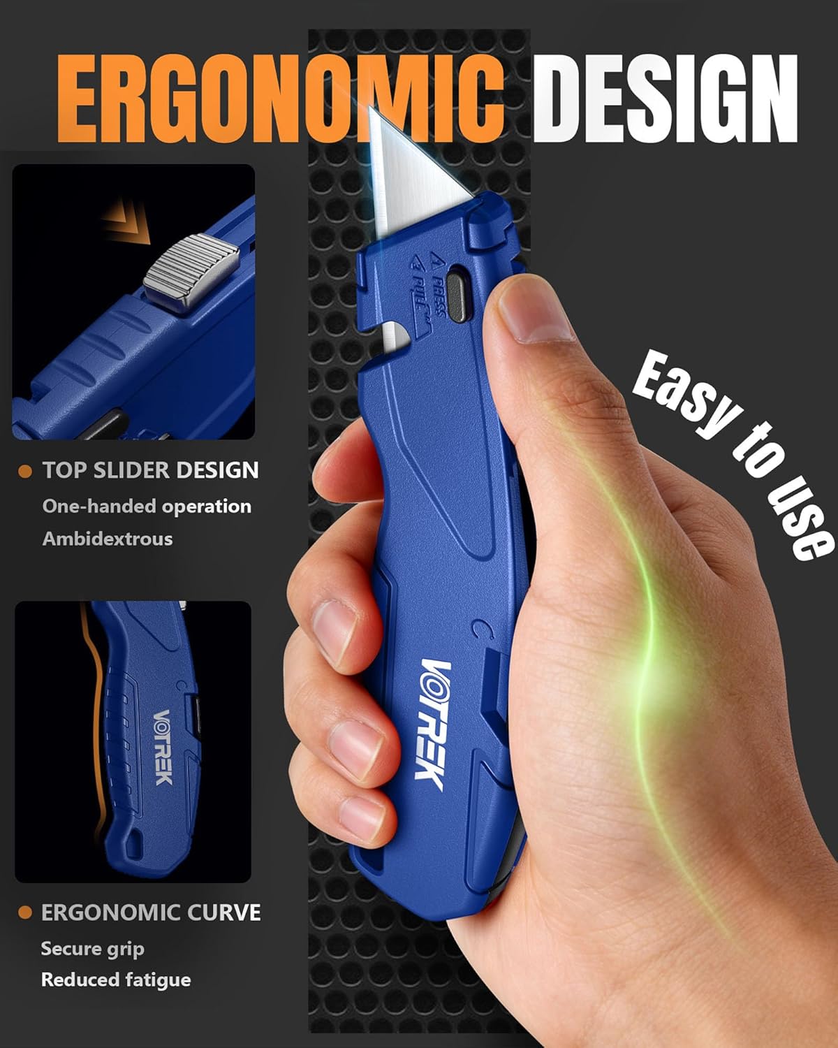 VOTREK® Box Cutter Retractable| Metal Utility Knife Set【Built-In Storage】 Tool-Free Quick Blade Change| Safety Lock| Extra 10 Sharp SK5 Blades| 2-Pack Heavy Duty Razor Knife for Cardboard & Plastic