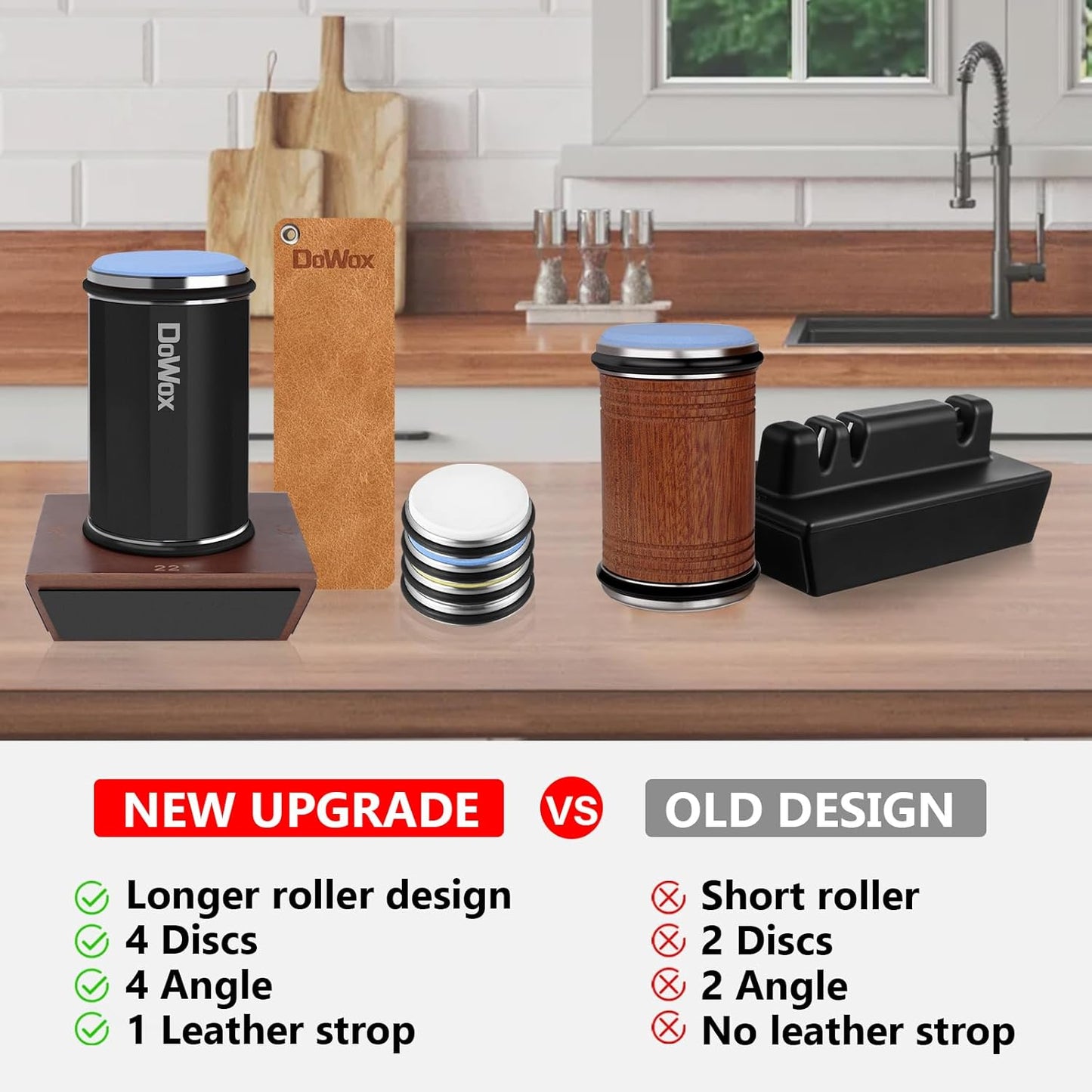 Knife Sharpener,Longer Rolling Knife Sharpener Kit,Diamond & Ceramic Knife Sharpening System with Leather Strop,4 Angle Guide, Replaceable Discs for All Kitchen Knives