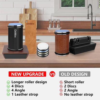 Knife Sharpener,Longer Rolling Knife Sharpener Kit,Diamond & Ceramic Knife Sharpening System with Leather Strop,4 Angle Guide, Replaceable Discs for All Kitchen Knives