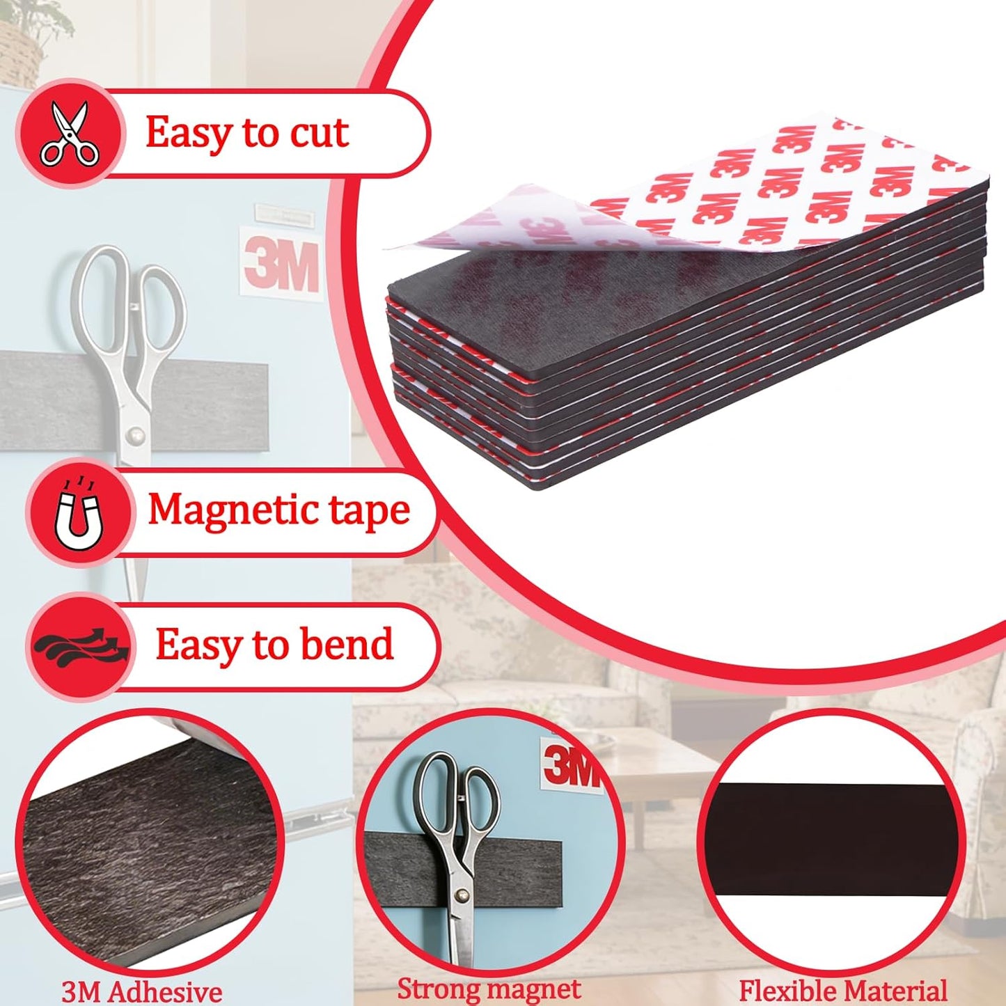 16 Pack Magnetic Strip, Magnetic Tape with Adhesive Backing, Magnet Strips Heavy Duty (3" X 1") Strong Adhesive Magnetic Strips for DIY, Fridge, Whiteboard, Crafts, Signs, Cabinet（Right Angle）