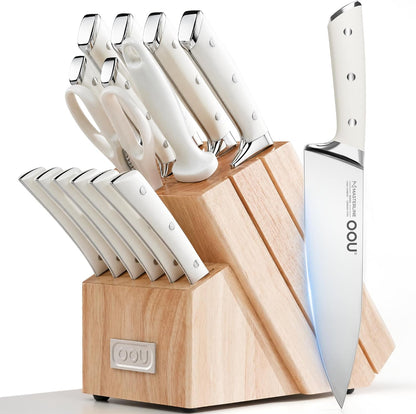 OOU 2025 Kitchen Knife Set with Block, 15-Piece German Stainless Steel Knife Blcok Set with Sharpening Rod, Ergonomic Wood Handle,Premium Razor-Sharp Knives Set for Kitchen