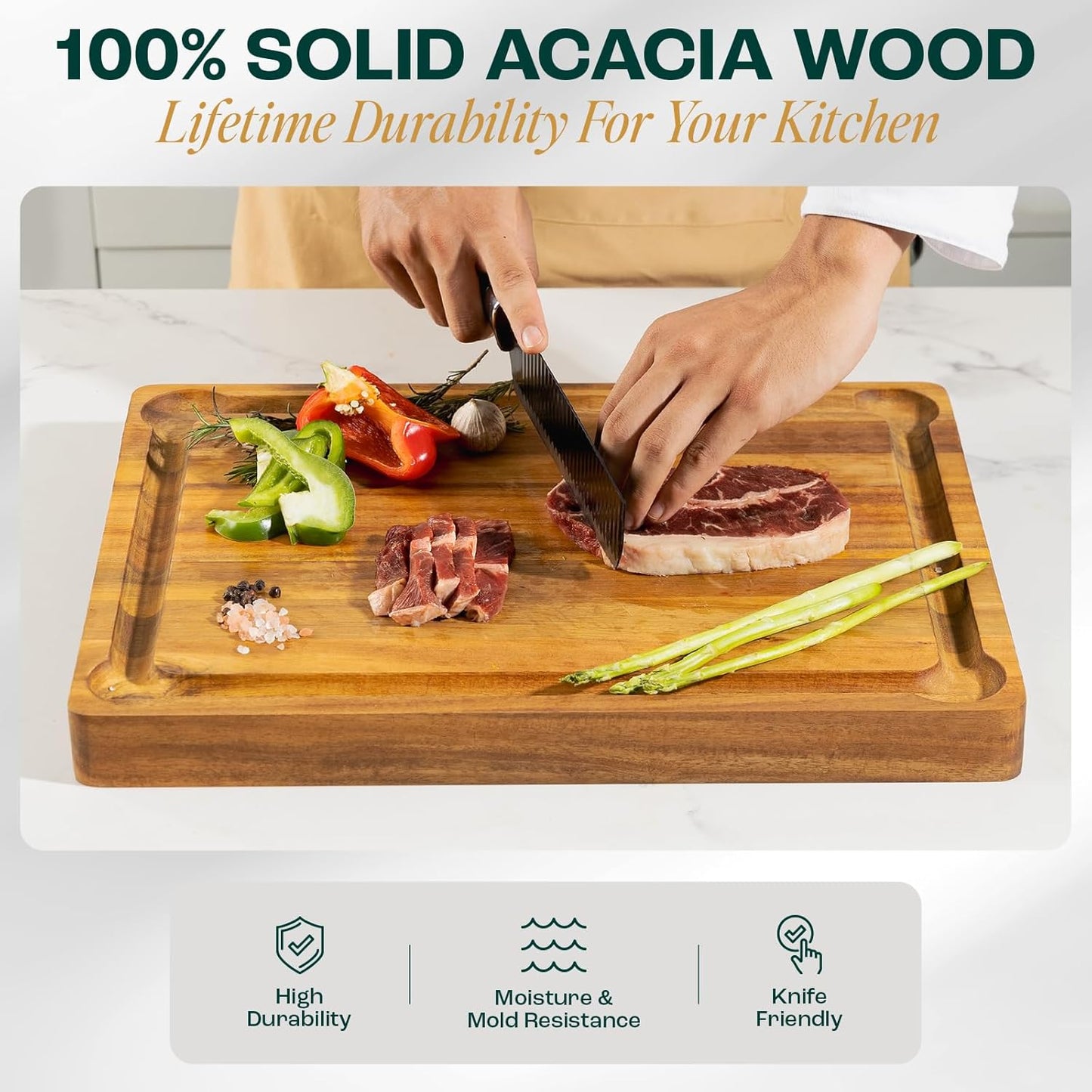 Yes4All Durable Acacia Cutting Boards for Kitchen, [17''Lx13''Wx1.5” Thick] Medium Edge Grain Cutting Board, Pre Oiled Wood Cutting Boards, Thick Chopping Board w/Juice Grooves and Easy Grip Handle