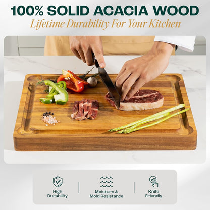 Yes4All Durable Acacia Cutting Boards for Kitchen, [17''Lx13''Wx1.5” Thick] Medium Edge Grain Cutting Board, Pre Oiled Wood Cutting Boards, Thick Chopping Board w/Juice Grooves and Easy Grip Handle