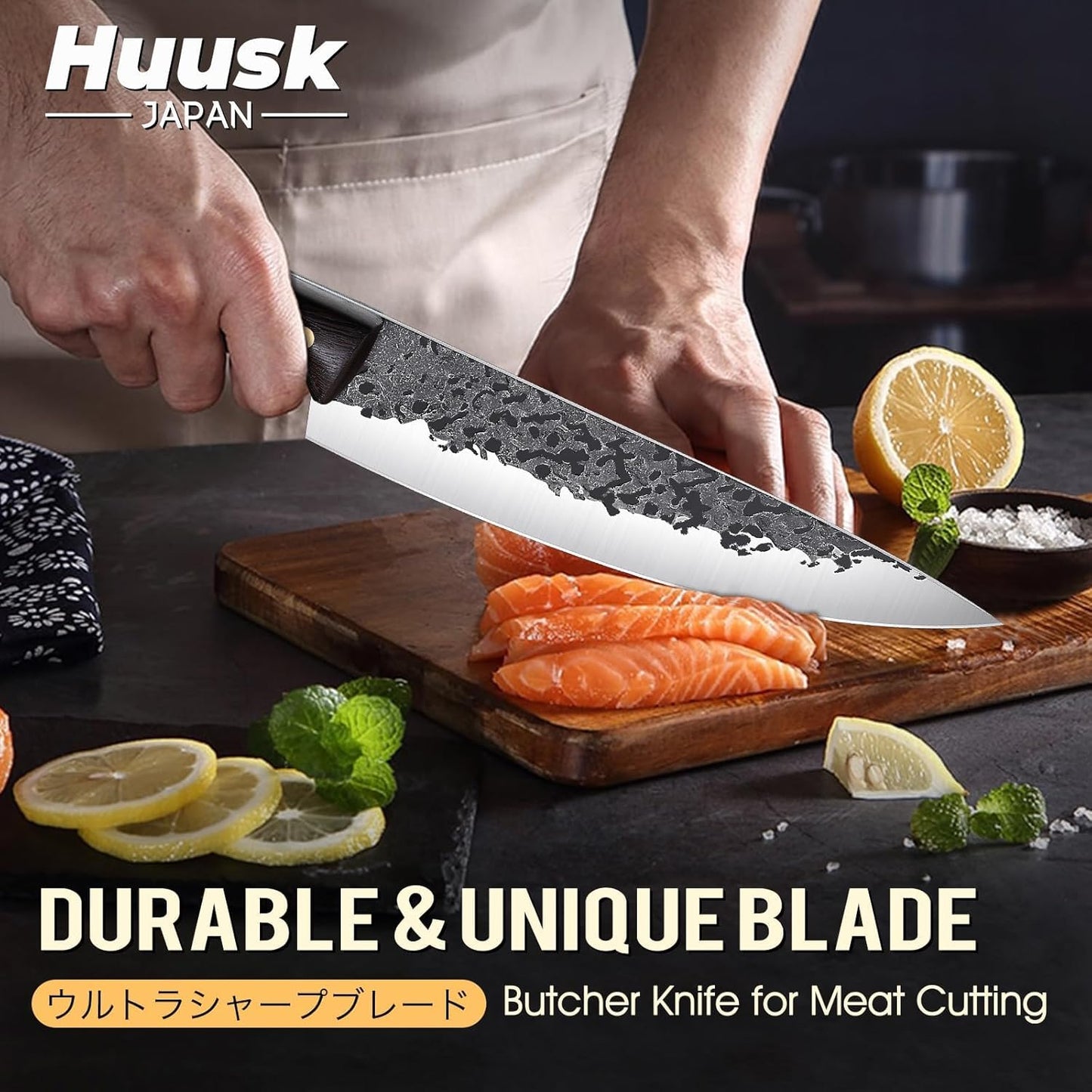 Huusk Hand Forged Chef Knife Set, High Carbon Steel Butcher Knife Set, Japanese Kitchen Knives for Home, Outdoor BBQ Camping Cooking, Gift Idea for Men