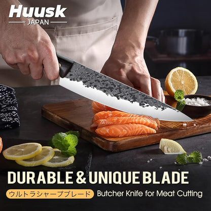 Huusk Hand Forged Chef Knife Set, High Carbon Steel Butcher Knife Set, Japanese Kitchen Knives for Home, Outdoor BBQ Camping Cooking, Gift Idea for Men