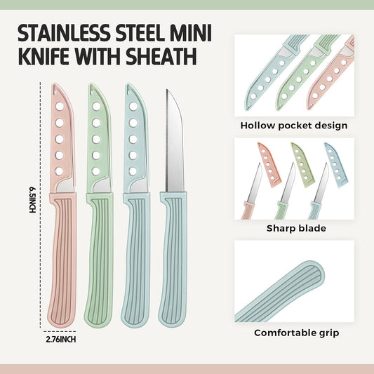 Minatee 50 Pcs Colored Paring Knife 6.5 x 2.8 Inch Kitchen Fruit and Vegetable Knife with Straight Edge for Chef Cutting Peeling Cooking, Plastic Handle and Sheath, Pink Green Blue