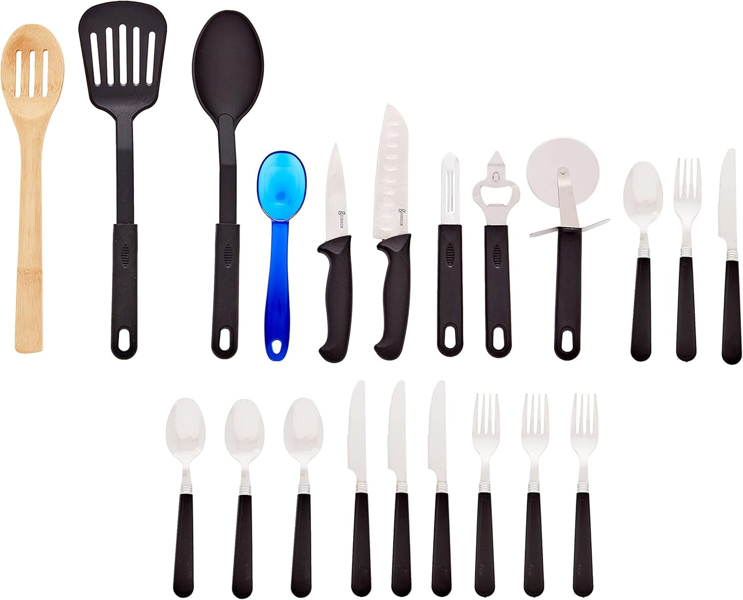 Gibson Home 74 Piece Kitchen in a Box Pots and Pans Cookware, Plates and Bowls Dinnerware, Cutlery Knife Block, Flatware Utensils, Tools & Gadgets, Storage, Glasses Set